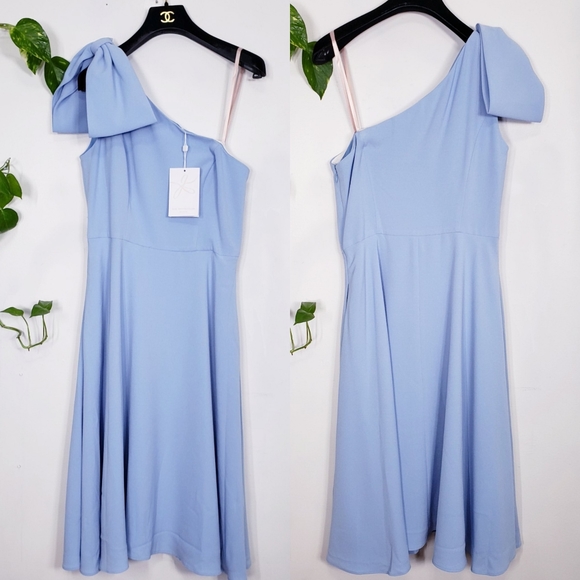 GAL MEETS GLAM Light Blue A-Line Midi Dress Asymmetrical Neck Bow Fit and Flare - Picture 9 of 12